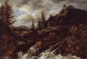 Jacob van Ruisdael Waterfall in a Mountainous Landscape with a Ruined castle oil